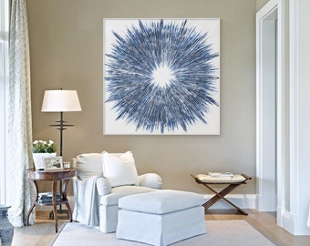 Marinblå canvastavla med abstrakt solbrun texturerad målning, extra stor väggkonst inramad modern rund ljudvågsmålning marinblå cirkel