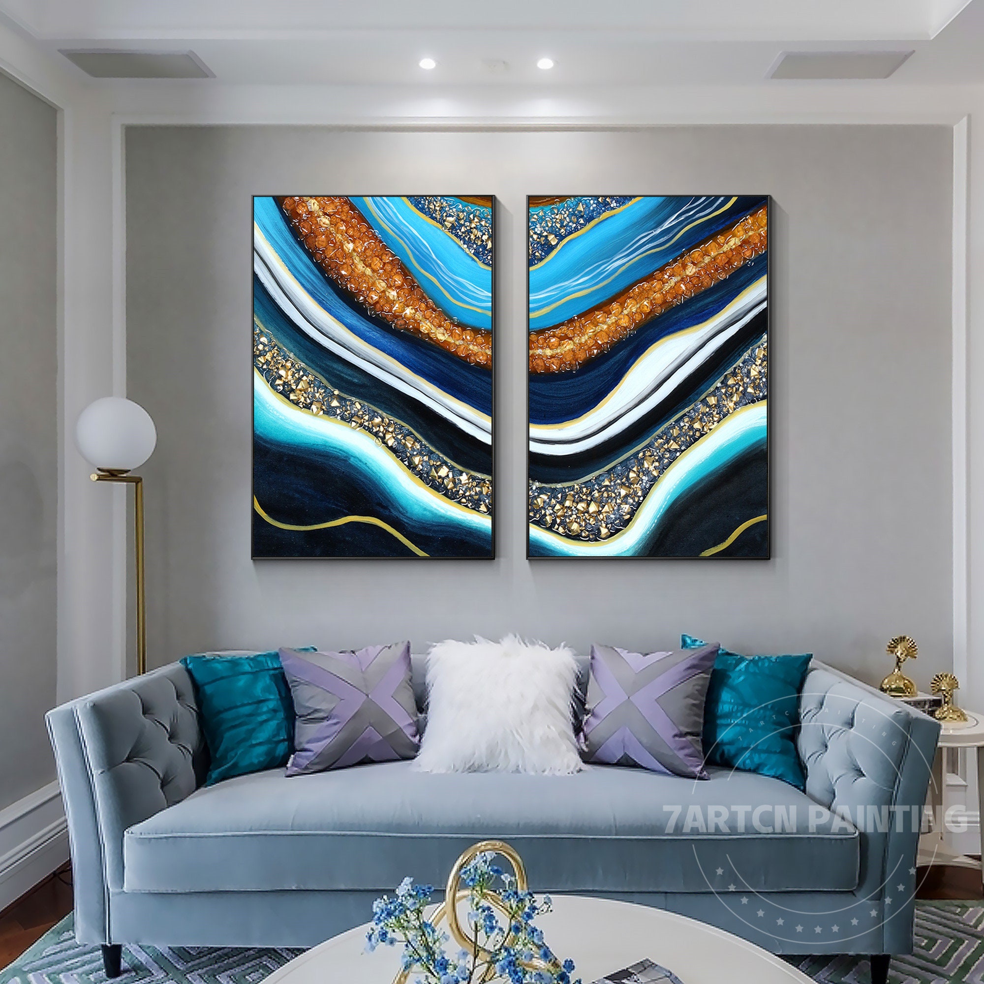 Set of 2 Resin Art Framed Wall Art Abstract Blue Black Browm Etsy