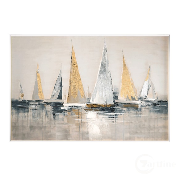 Quadro Astratto Su Tela Con Barca A Vela | Dipinto Colorato Paesaggio Marino 75x150 Cm | Senza Cornice Per Decorazione Moderna