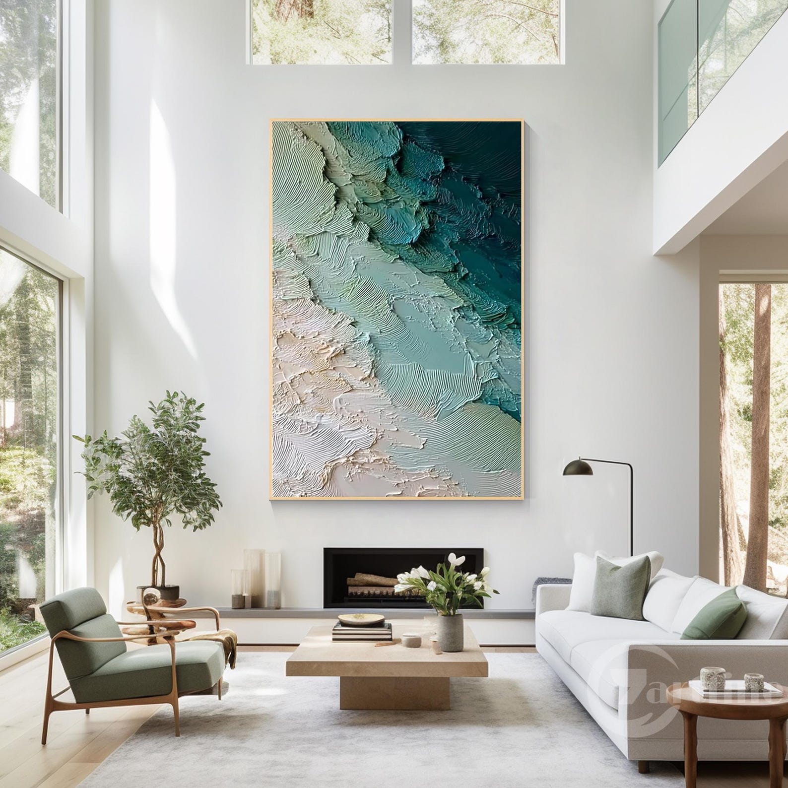 Large Deep Green Abstract Ocean Wall Art Fireplace 3D Texture Painting ...