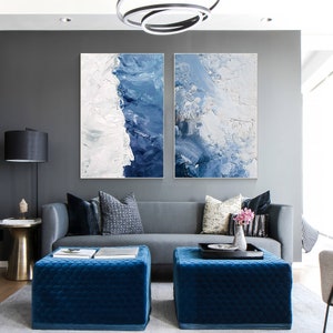 Blue Abstract Textured Painting Set: Modern Minimalist Wall Art