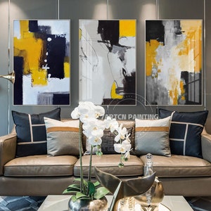 Set of 3 Frame Wall Art Abstract Acrylic Painting on Canvas Black Yellow Color abstract acrylic Large painting Original 3 piece wall art image 2