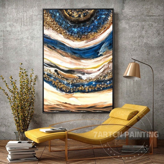 Resin Wall Art Framed Wall Art Abstract Gold Blue Brown Ocean Etsy