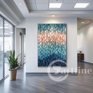 Wood wall art Abstract Blue Coral pink painting Wood mosaic sculpture,Abstract painting on wood,3d wall art decor,Wood  large home decor