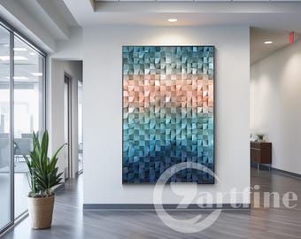 Wood wall art Abstract Blue Coral pink painting Wood mosaic sculpture,Abstract painting on wood,3d wall art decor,Wood  large home decor