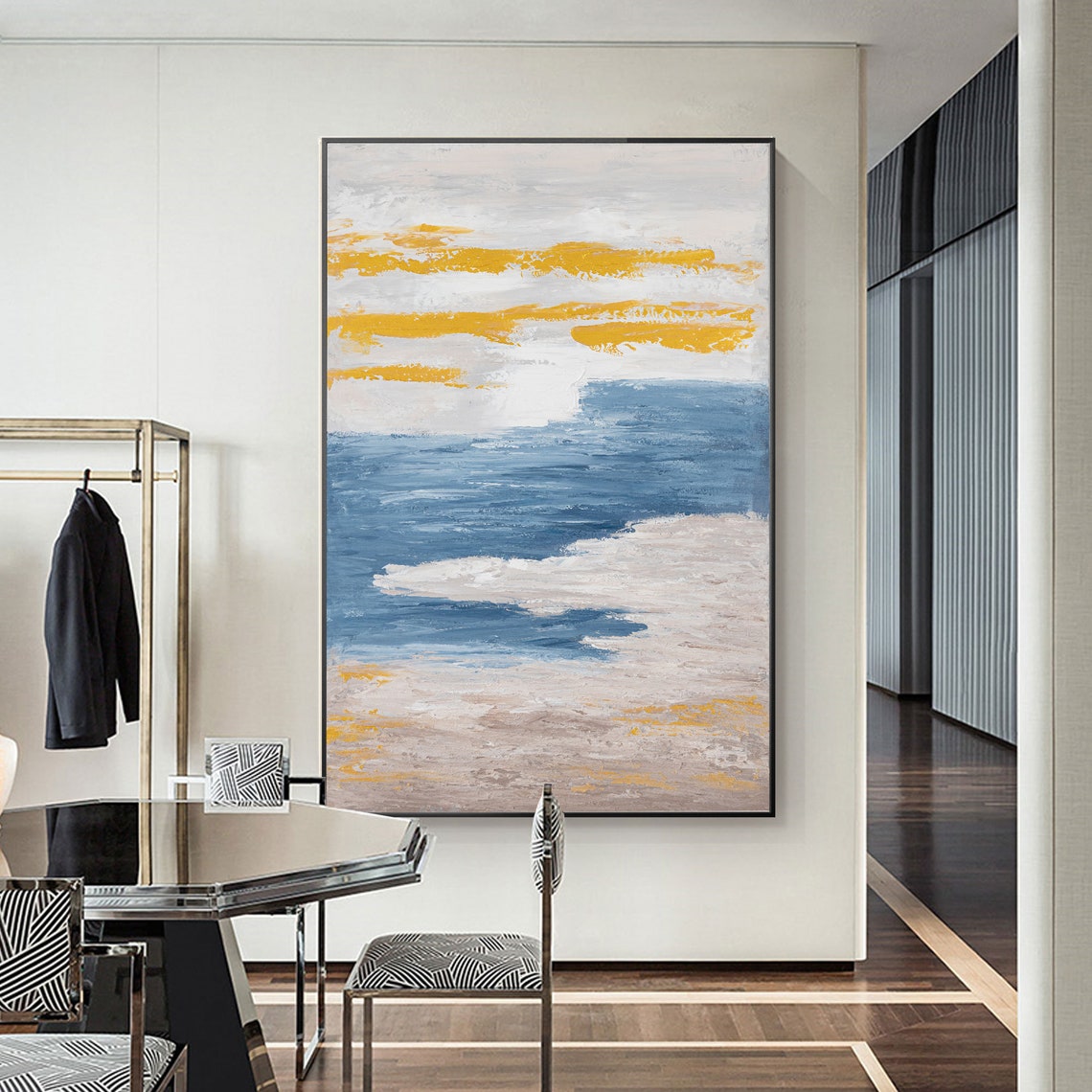 Blue and Yellow Wall Art Modern Abstract Painting on Canvas Large ...
