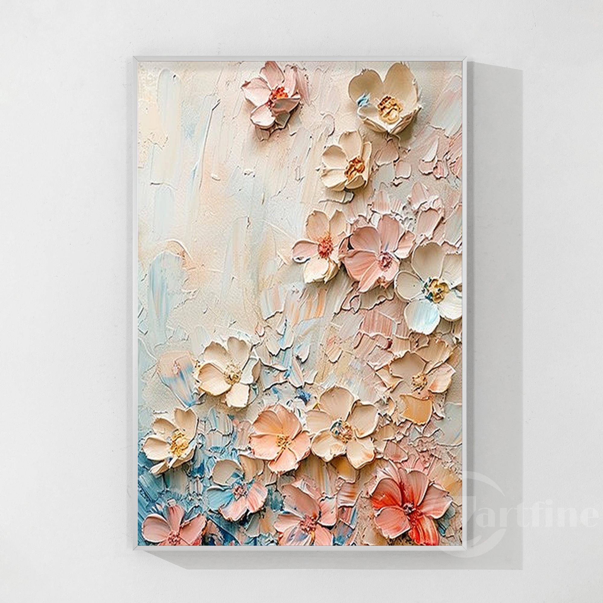 抽象画 花のデザイン 咲き誇るピンクの花の抽象画 テクスチャ加工 特大 3D 花柄 キャンバス