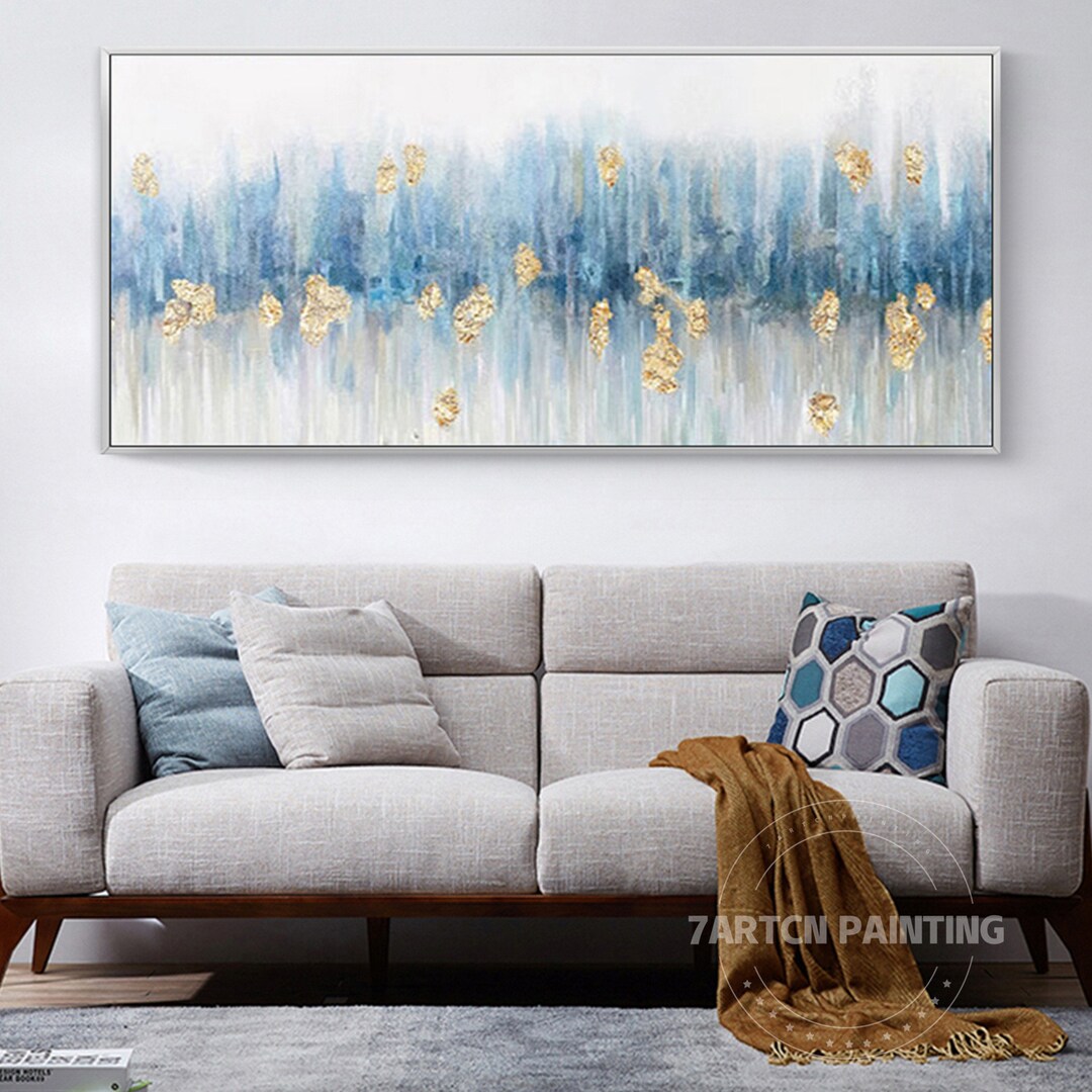Framed Wall Art Abstract Gold Blue Grey Landscape Mountain Acrylic Oil ...