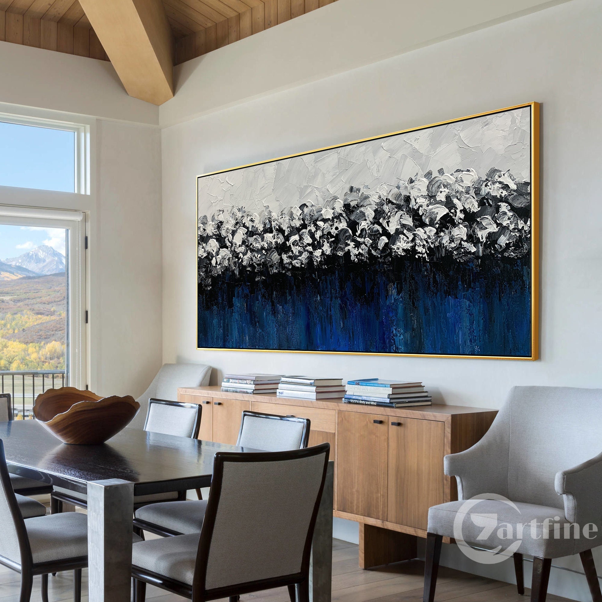 Navy Blue Abstract Painting on Canvas Extra Large Framed Wall Art Long ...