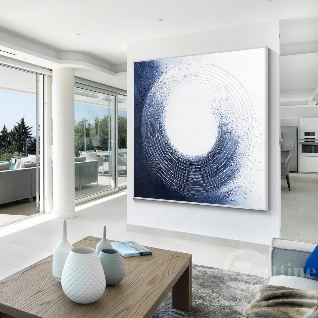 Navy Blue Abstract Canvas Painting Textured Painting Large Framed Wall ...
