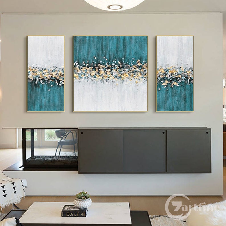 Elegant abstract flower wall art set in teal and gold tones.