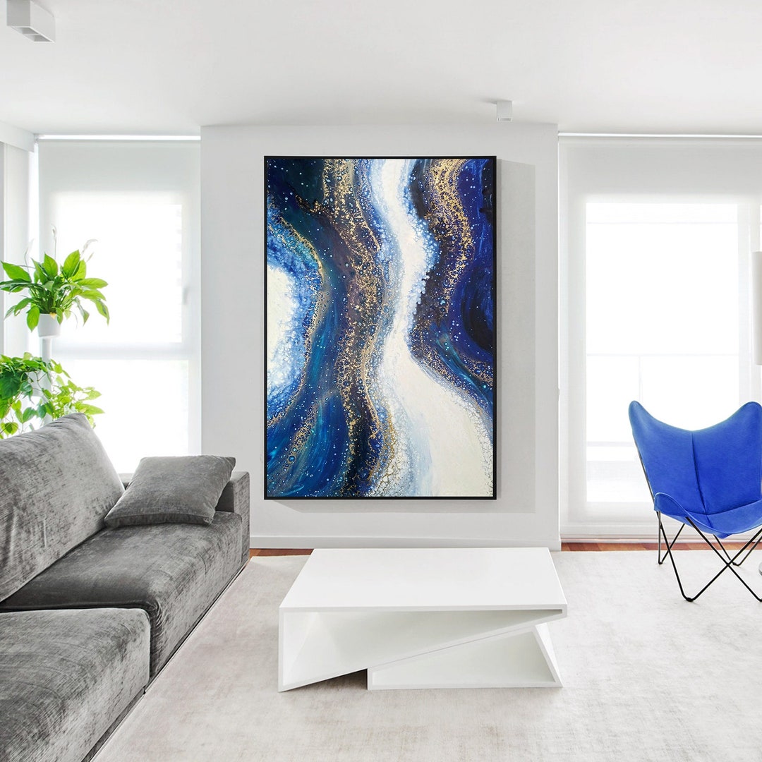 Navy Blue Gold Wall Art Modern Abstract Sea Painting on Canvas Extra ...