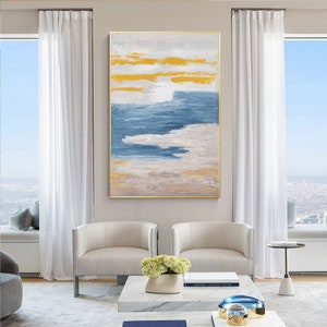 Blue and Yellow Wall Art Modern Abstract Painting on Canvas Large ...