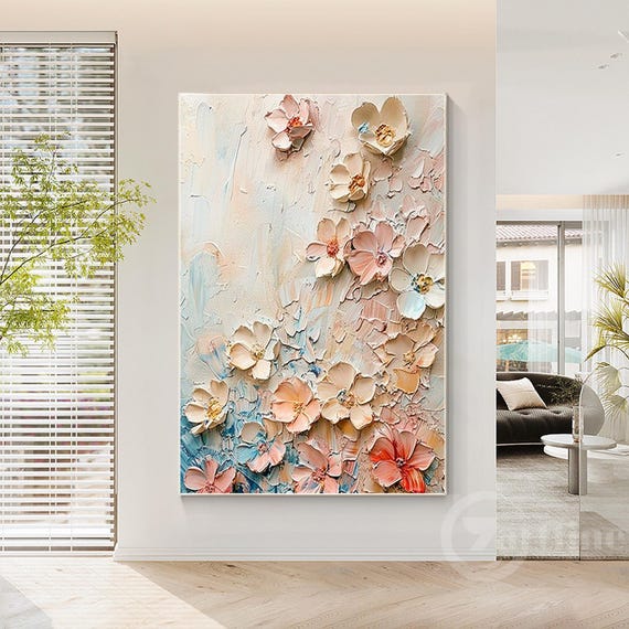 咲き誇るピンクの花の抽象画 テクスチャ加工 特大 3D 花柄 キャンバス