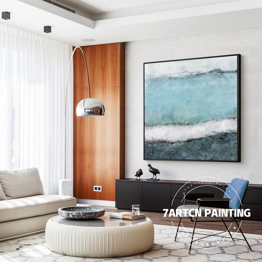 Original Abstract Teal Blue Wall Art on Canvas Framed Art Wall Etsy