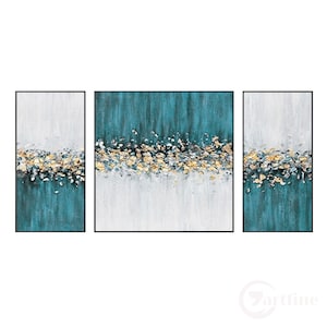 Blågrön och guld set med 3 abstrakta väggkonstmålningar texturerad väggkonst blommig canvastavla extra stor målning vardagsrumsinredning Black frame