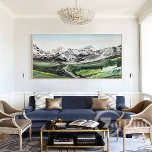 Emerald green Abstract snowy Mountains wall art original Large abstract painting on canvas,Landscape Abstract painting living room decor
