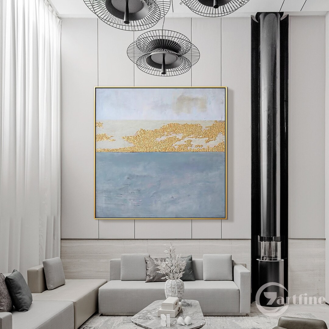 Abstract Wall Art Gray Blue Gold on Canvas Textured Acrylic Painting ...