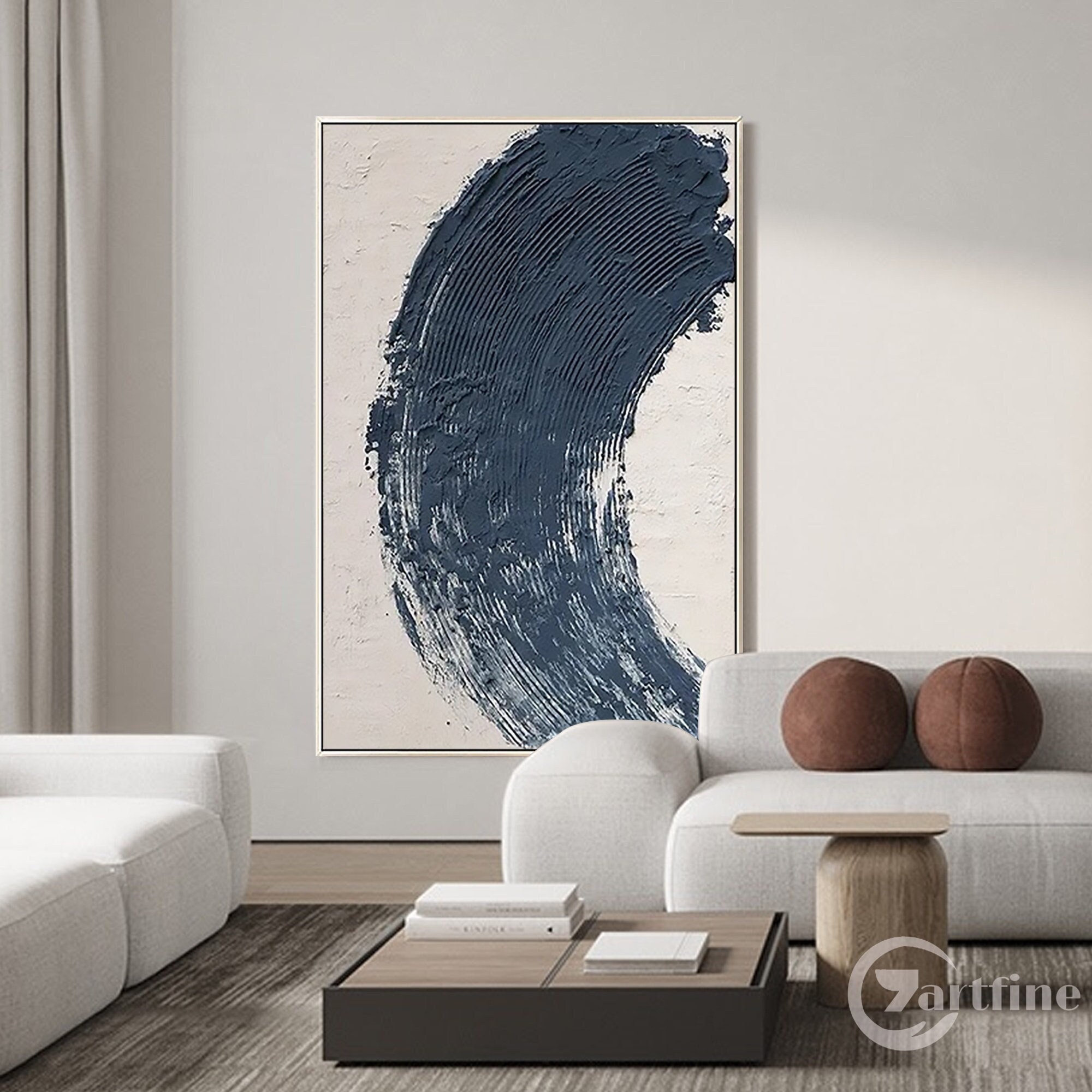 Navy Blue Abstract Wall Art Textured Painting Minimalist Extra Large ...