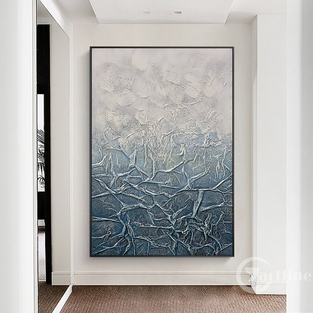 Original Abstract Painting on Canvas Large Framed Wall Art Navy Blue ...