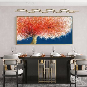 Navy Blue and red Abstract Blooming Tower Tree Painting On Canvas Wall Decor modern Large Wall Art Contemporary Tree Art living room decor