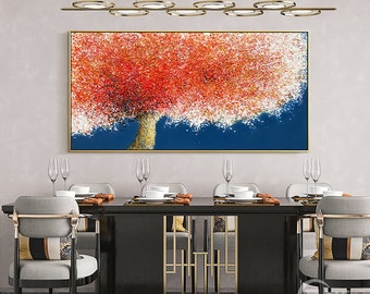 Navy Blue and red Abstract Blooming Tower Tree Painting On Canvas Wall Decor modern Large Wall Art Contemporary Tree Art living room decor
