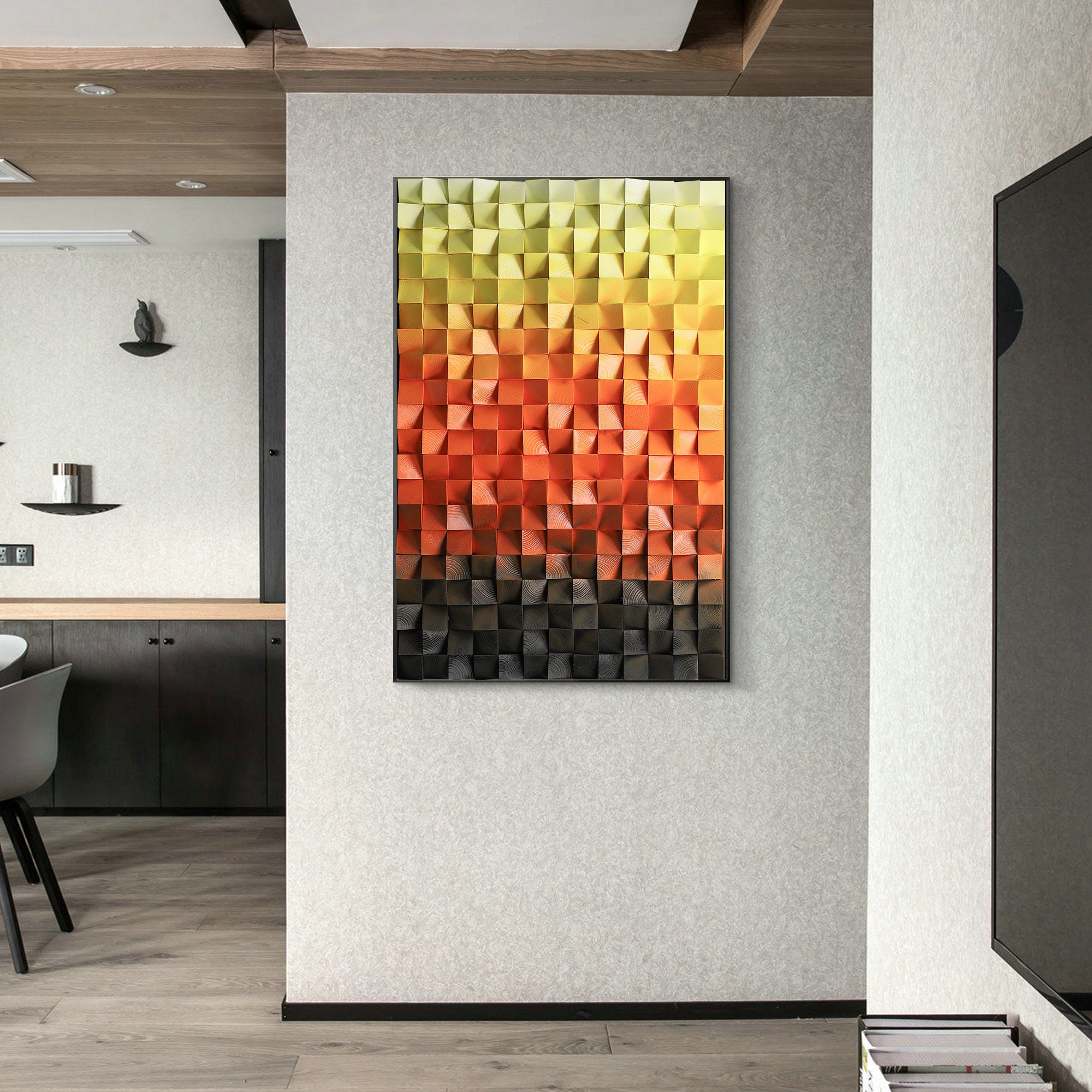 Wood Wall Art in Yellow Red Black Waveswood Mosaic Etsy