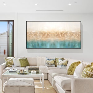 Abstract Turquoise & Gold Canvas Art: Extra Large Framed Painting