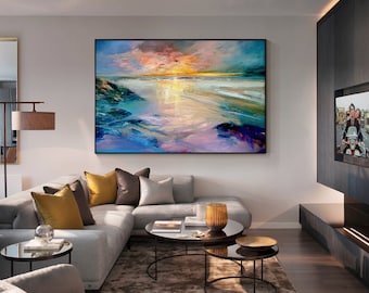Quadro decorativo de parede com paisagem marinha ao nascer do sol, emoldurado, com cores vibrantes do pôr do sol e um mar luminoso para sala de estar.