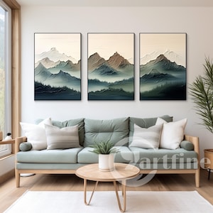 Set of 3 Green Abstract Mountain Canvas Art: Textured Living Room Decor