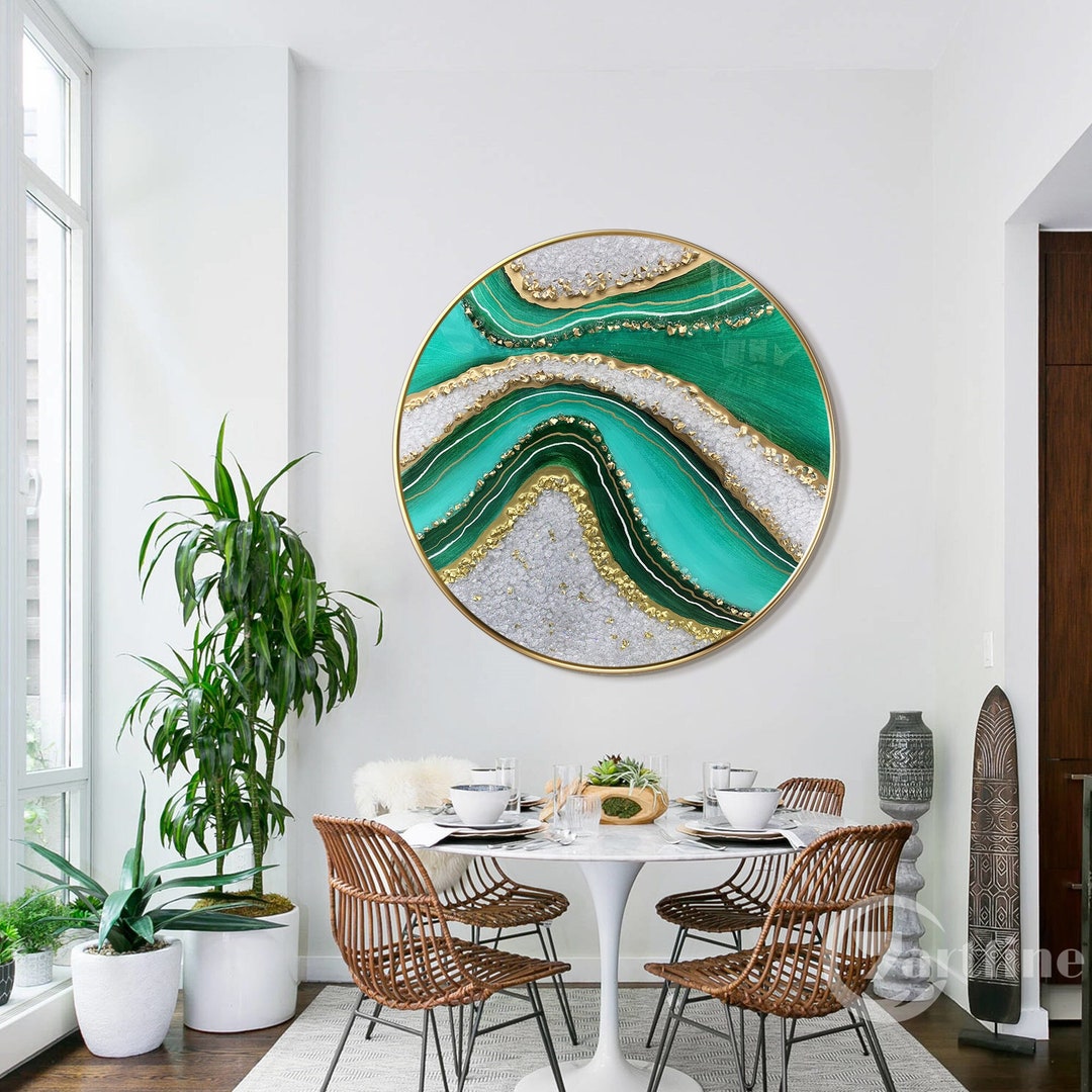 Large Round Wall Art Abstract Green Resin Geode Framed Wall Etsy