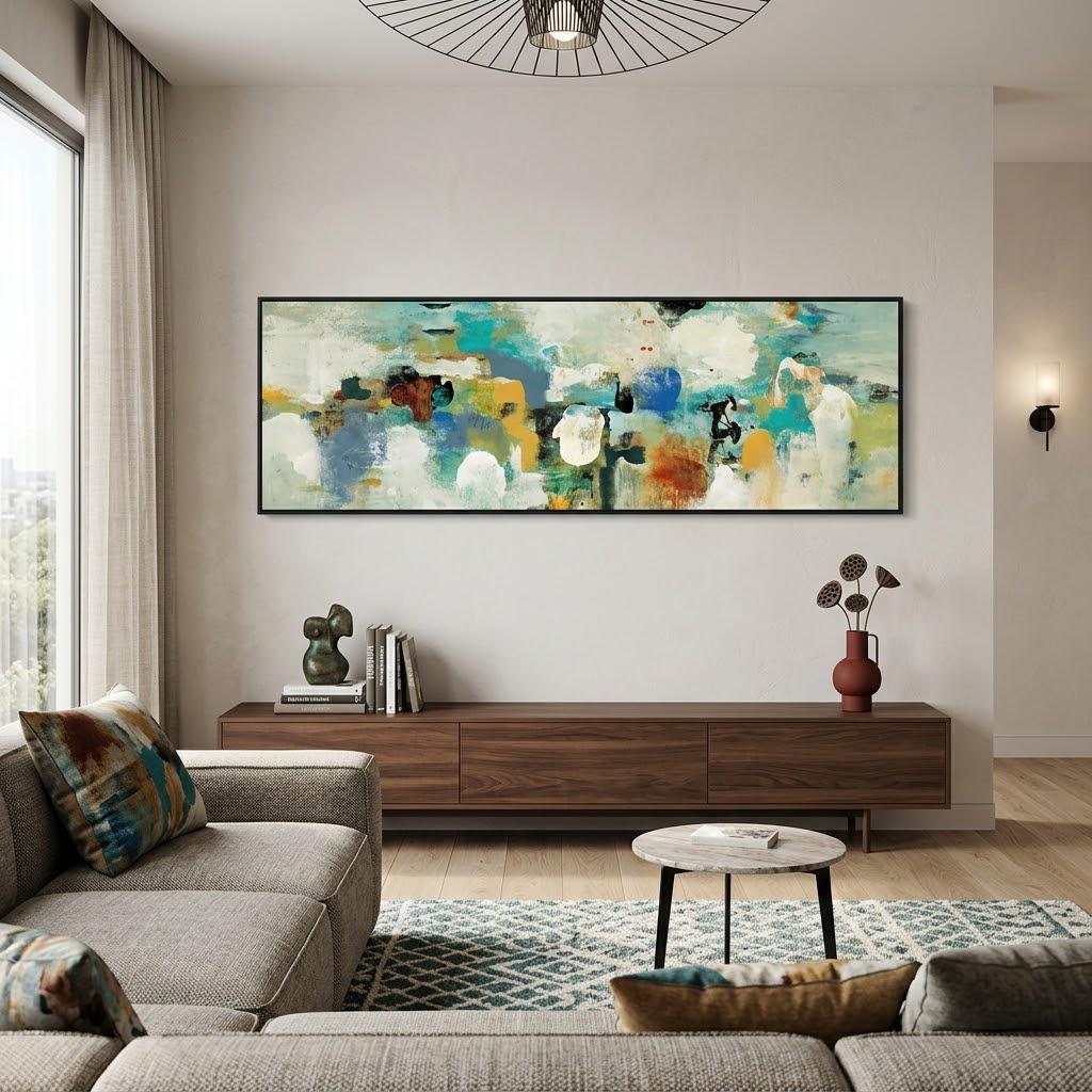 Abstract Green Teal canvas Wall art Horizontal framed contemporary art Bedroom living room decor