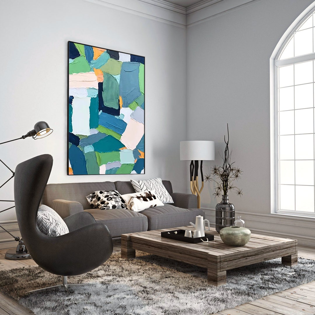 Abstract Blue Green Art 3D Texture Painting Modern Living Room Teal ...