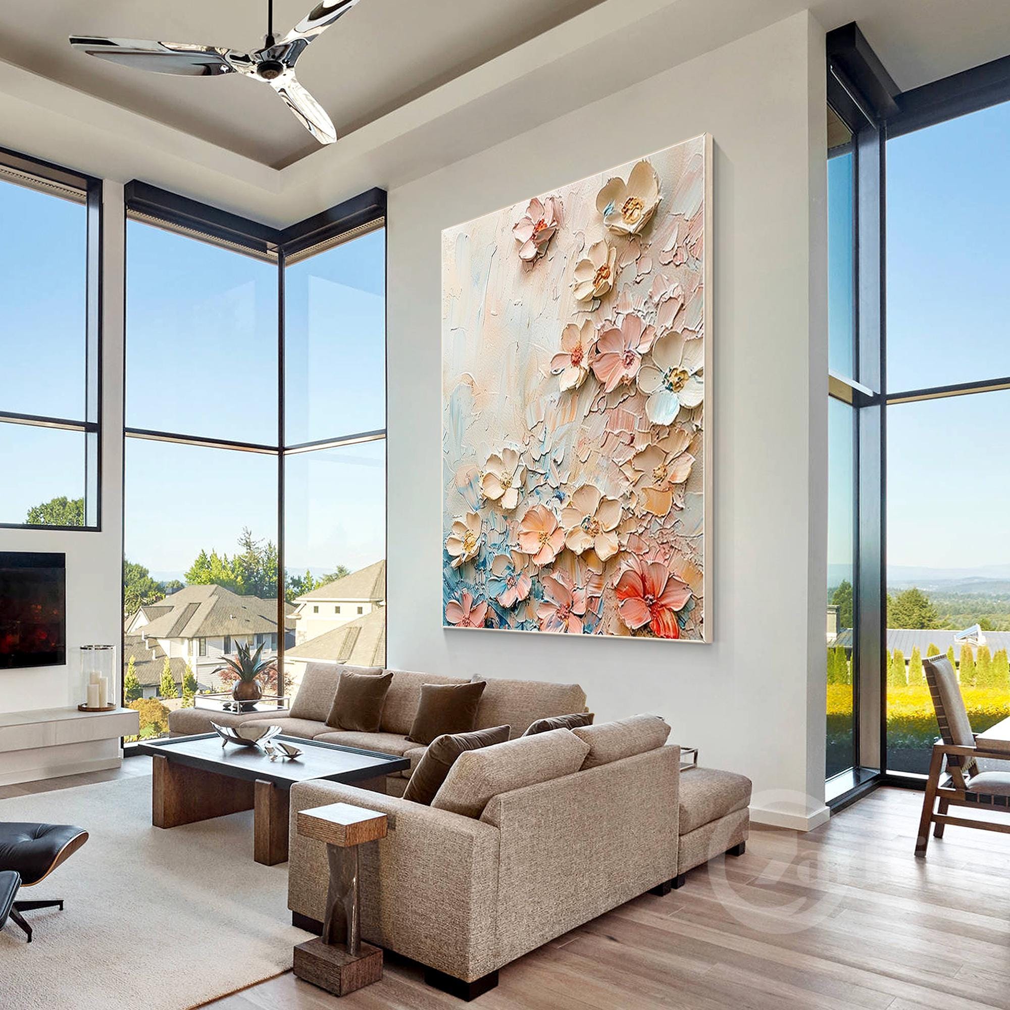 咲き誇るピンクの花の抽象画 テクスチャ加工 特大 3D 花柄 キャンバス