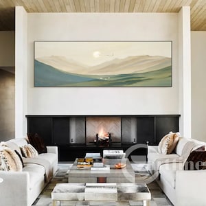 Sage green wall art Abstract Mountain painting original long landscape painting horizontal wall art moss green Bedroom living room decor