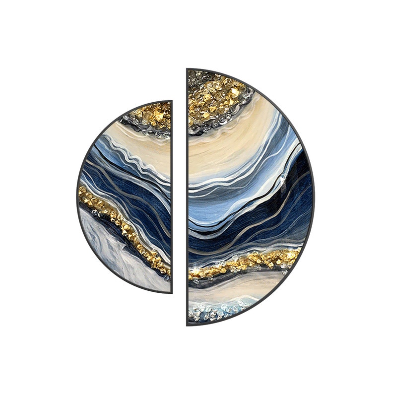 Resin Round Art Set of 2 Framed Wall Art Seascape Waves Abstract Gold Blue Silver Waves epoxy Resin Geode Crystal Half Round wall art 3D image 8