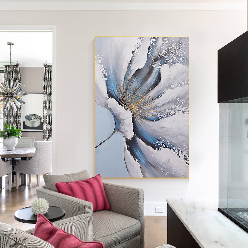 Blue Gold Abstract Textured Flower Wall Art Blooming Canvas Blue Gray ...