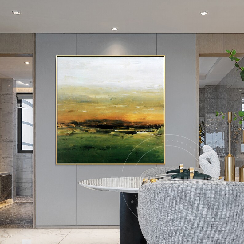 Yellow landscape acrylic paintings abstract canvas framed painting white green lake scenery canvas painting extra large wall art pictures