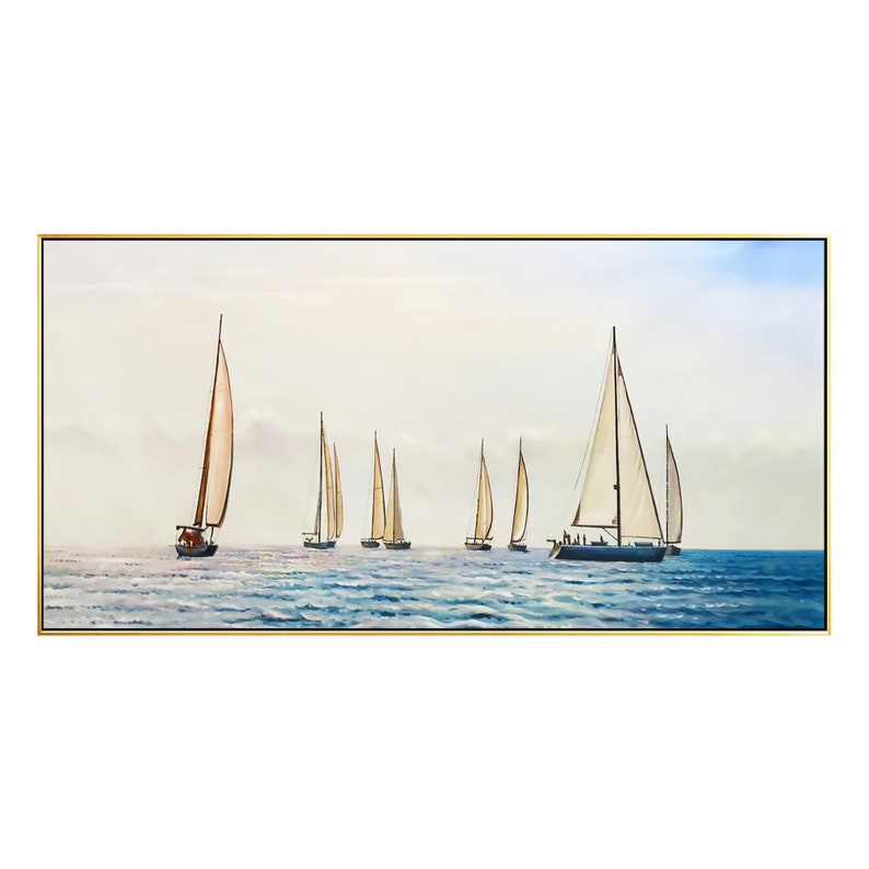 Pode incluir: Uma pintura de veleiros em um mar azul calmo com um c&eacute;u azul claro. Os veleiros s&atilde;o brancos com detalhes marrons e navegam em linha.