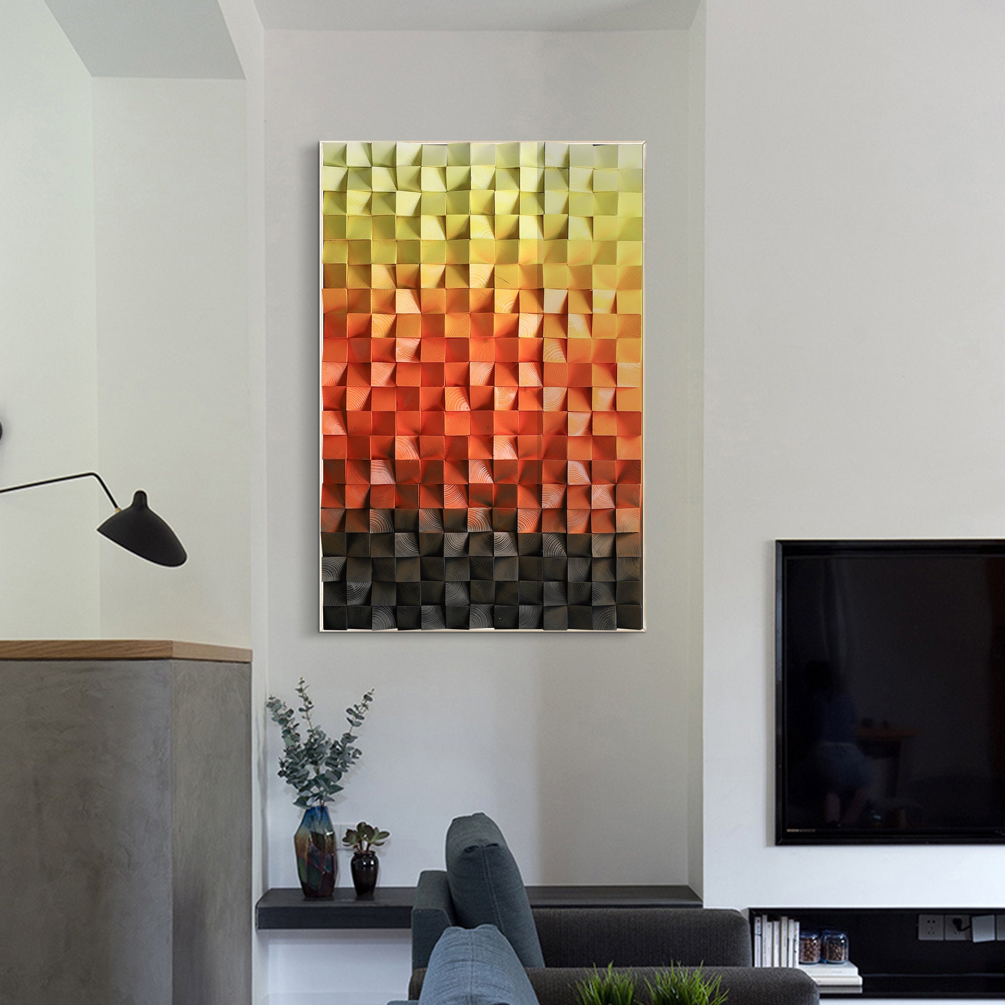 Wood Wall Art in Yellow Red Black Waveswood Mosaic Etsy