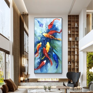 Blue wall art fengshui colorful Koi Fish abstract Wall Art Texturred fish Painting on Canvas  Wall Art painting carps fish living room decor