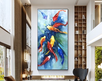 Blue wall art fengshui colorful Koi Fish abstract Wall Art Texturred fish Painting on Canvas  Wall Art painting carps fish living room decor