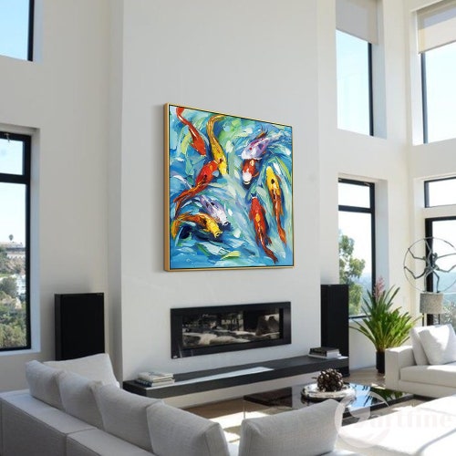 Koi fish painting Original canvas framed Abstract koi fish acrylic paintings shops Feng Shui painting oversize carps fish wall art fish home decor