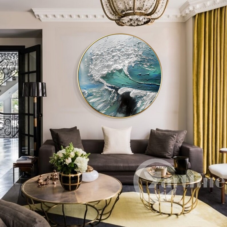 Teal Blue Abstract Round Ocean Wall Art Abstract White Great Etsy