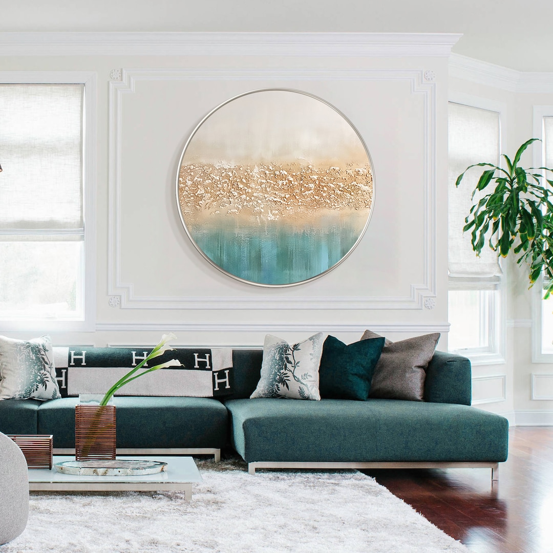 Round Abstract Teal and Gold Wall Art Large Textured Acrylic Etsy