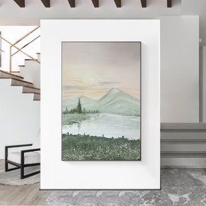 Large Green abstract Landscape painting,acrylic texture painting Green canvas Mountain peak painting ,Scandinavian Art Living Room Wall Art