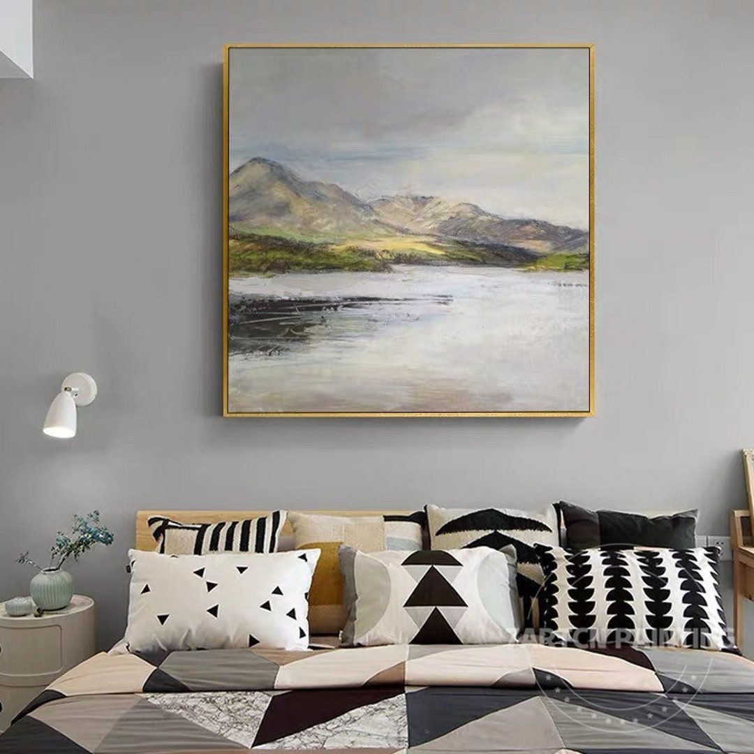 Sage Green and Grey Mountain Lake Wall Art Landscape Acrylic Painting ...