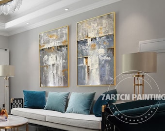Abstract set of 2 pieces gray and gold leaf wall art on canvas acrylic wall art large canvas art cuadros abstractos Abstract Canvas Painting