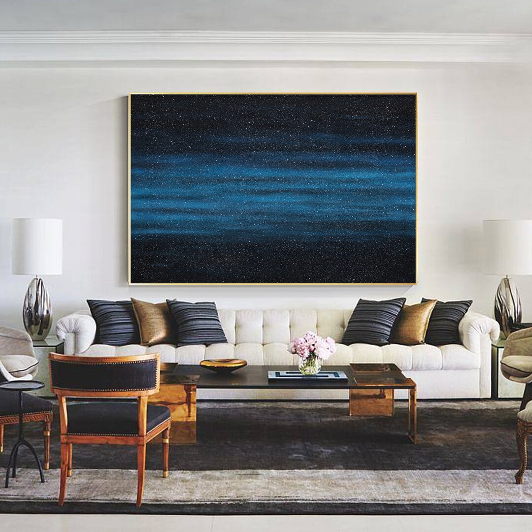 Navy Blue Wall Art Abstract Ocean Painting on Canvas Large Glitter Wall ...