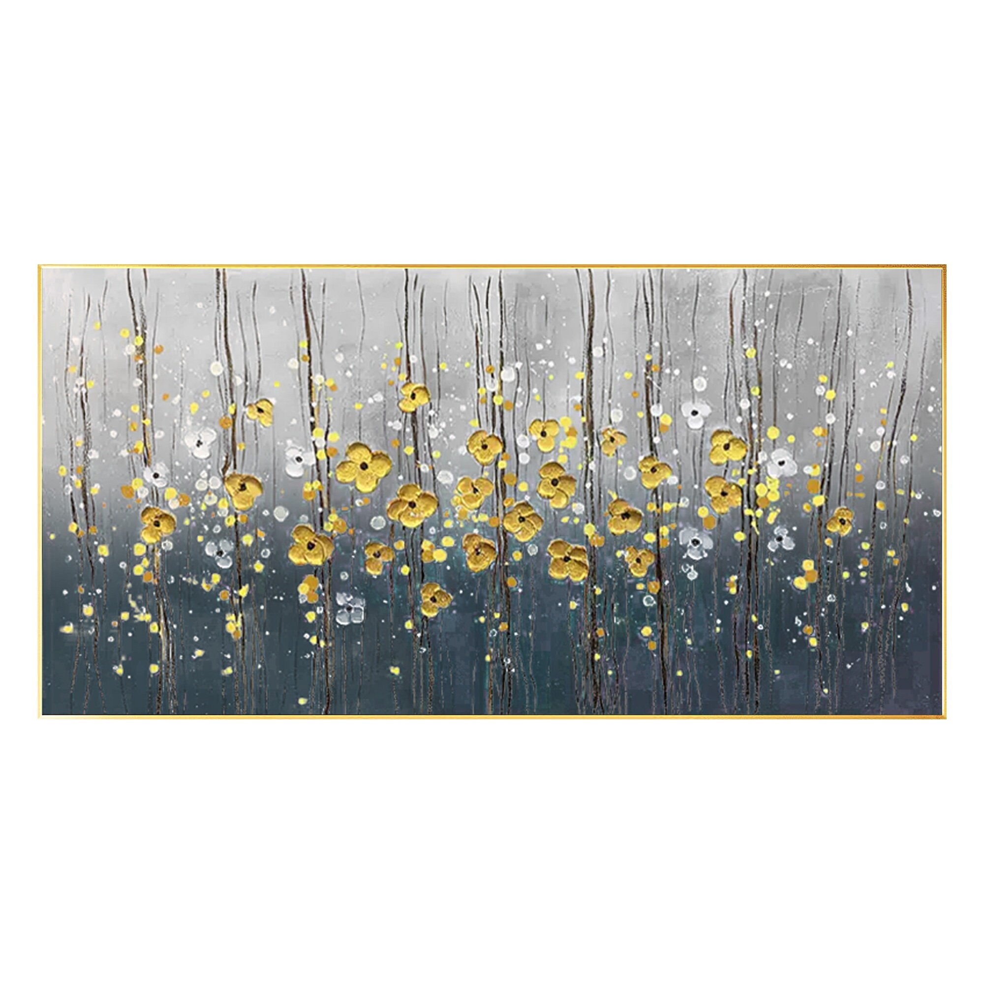 Navy Blue and Gold Flower Abstract Wall Art Floral Painting Long Wall ...